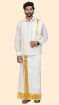 Pure Silk Cream Dhoti with Angavastram | Double Layer | 4" Gold Jari Border