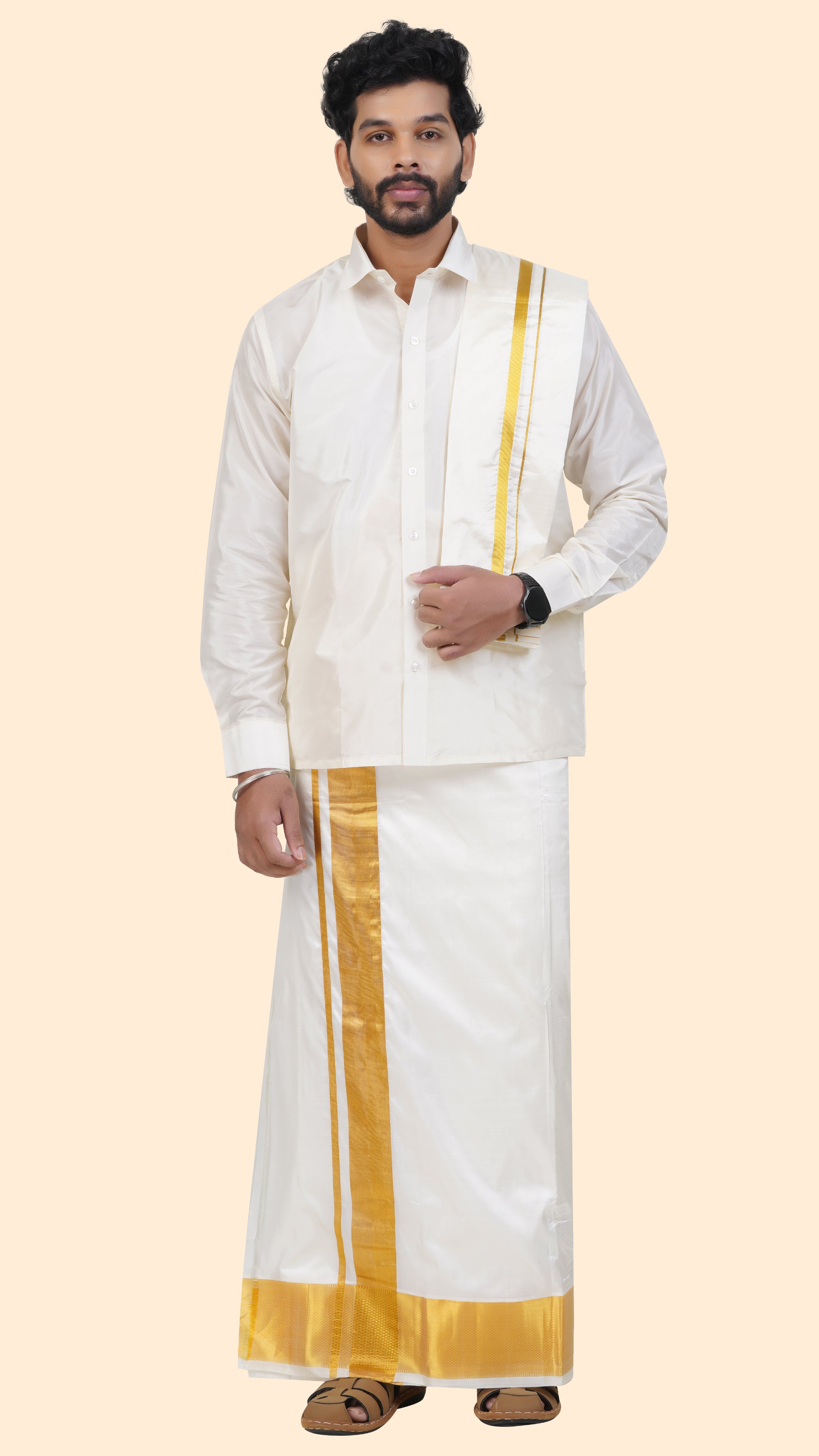 Pure Silk Cream Dhoti with Angavastram | Double Layer | 4" Gold Jari Border