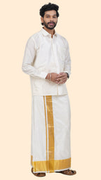 Pure Silk Cream Dhoti | Double Layer | 4" Gold Jari Border