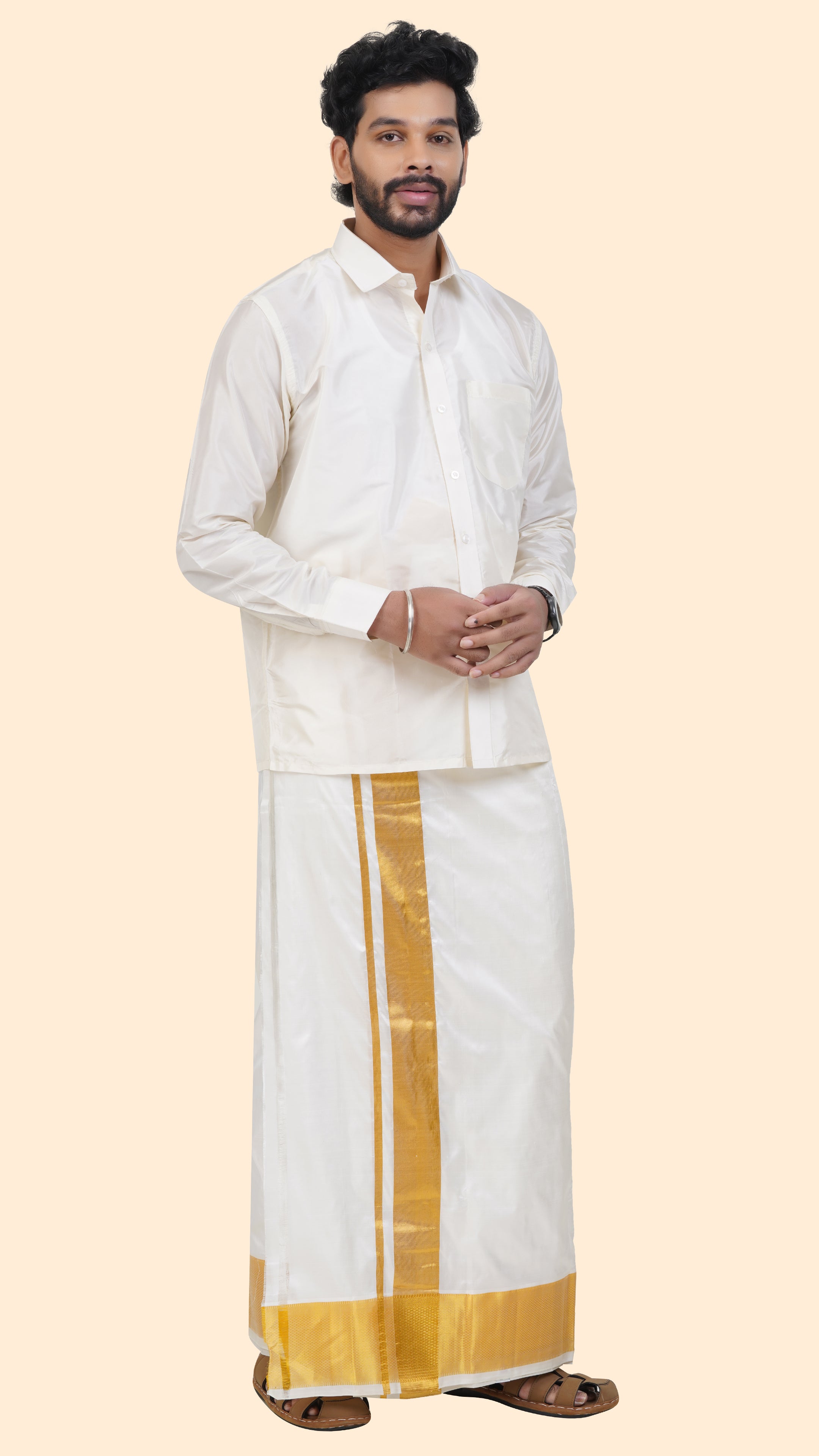 Pure Silk Cream Dhoti | Double Layer | 4" Gold Jari Border
