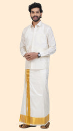 Pure Silk Cream Dhoti | Double Layer | 4" Gold Jari Border