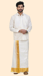 Pure Silk Cream Dhoti | Double Layer | 4" Gold Jari Border