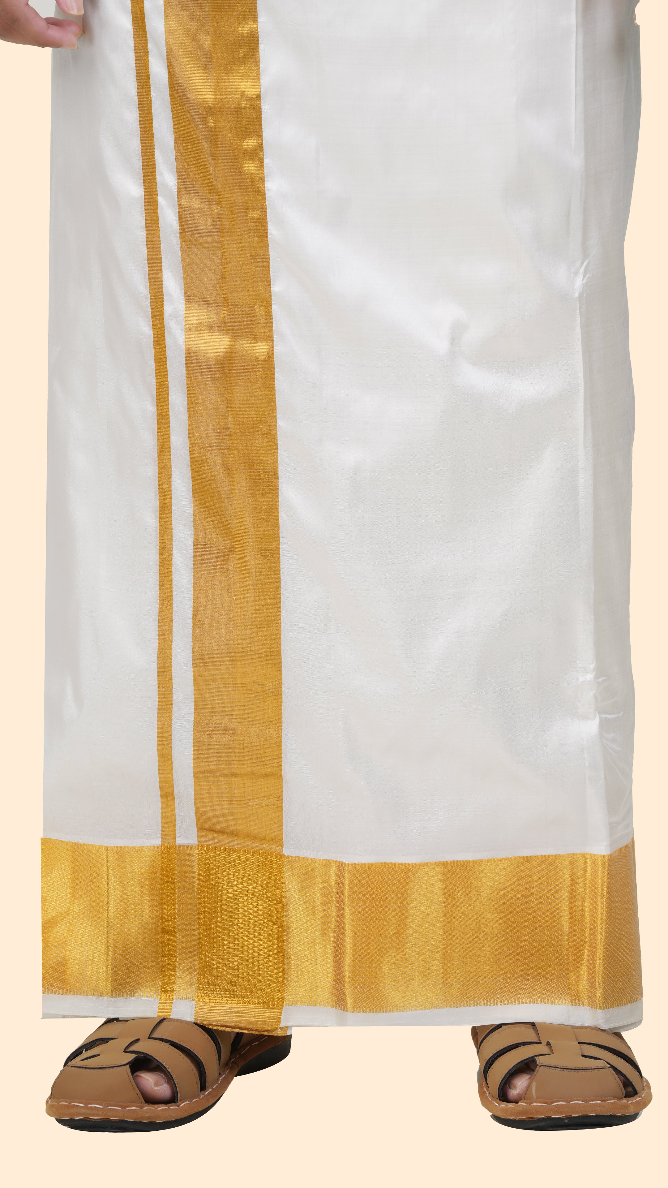 Pure Silk Cream Dhoti | Double Layer | 4" Gold Jari Border
