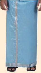 Art Silk Sky Blue Velcro Mappillai Set | 3-in-1 | Double Layer | 1 1/2" Gold Jari Border