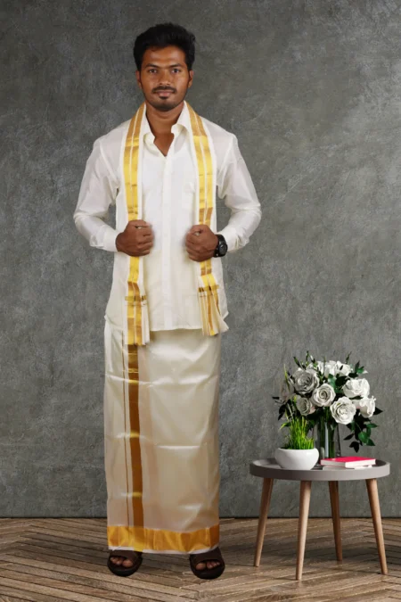 3 in 1 Manamagan Set | 2 1/2 Inch Jari Border | Art Silk Dhoti Set | Kannika Dhotis