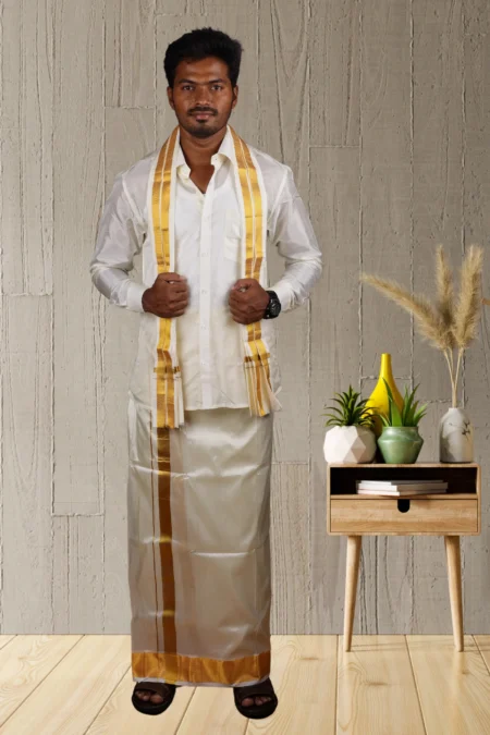 Marriage Set | 2 1/2 Inch Zari Dhoti | Silk Mix Dhoti with Angavasthiram | Kannika Dhotis