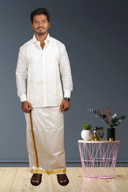Men Pure Silk Double Layer Dhoti 1 Inch Border