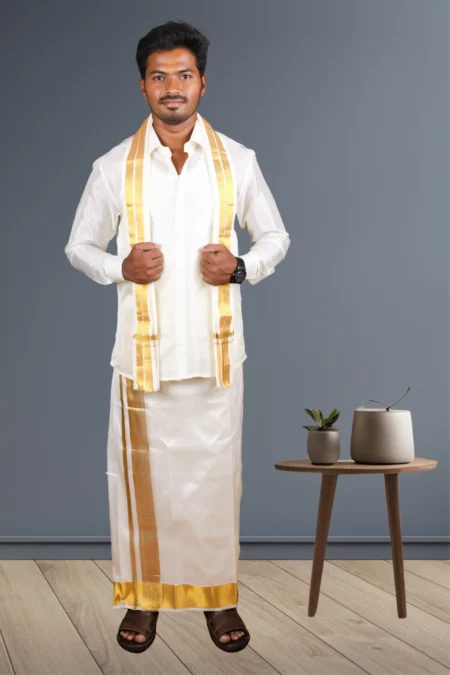 Wedding Set | 2 1/2 Inch Zari Border | Pure Silk Dhoti And Angavastram | Kannika Dhotis
